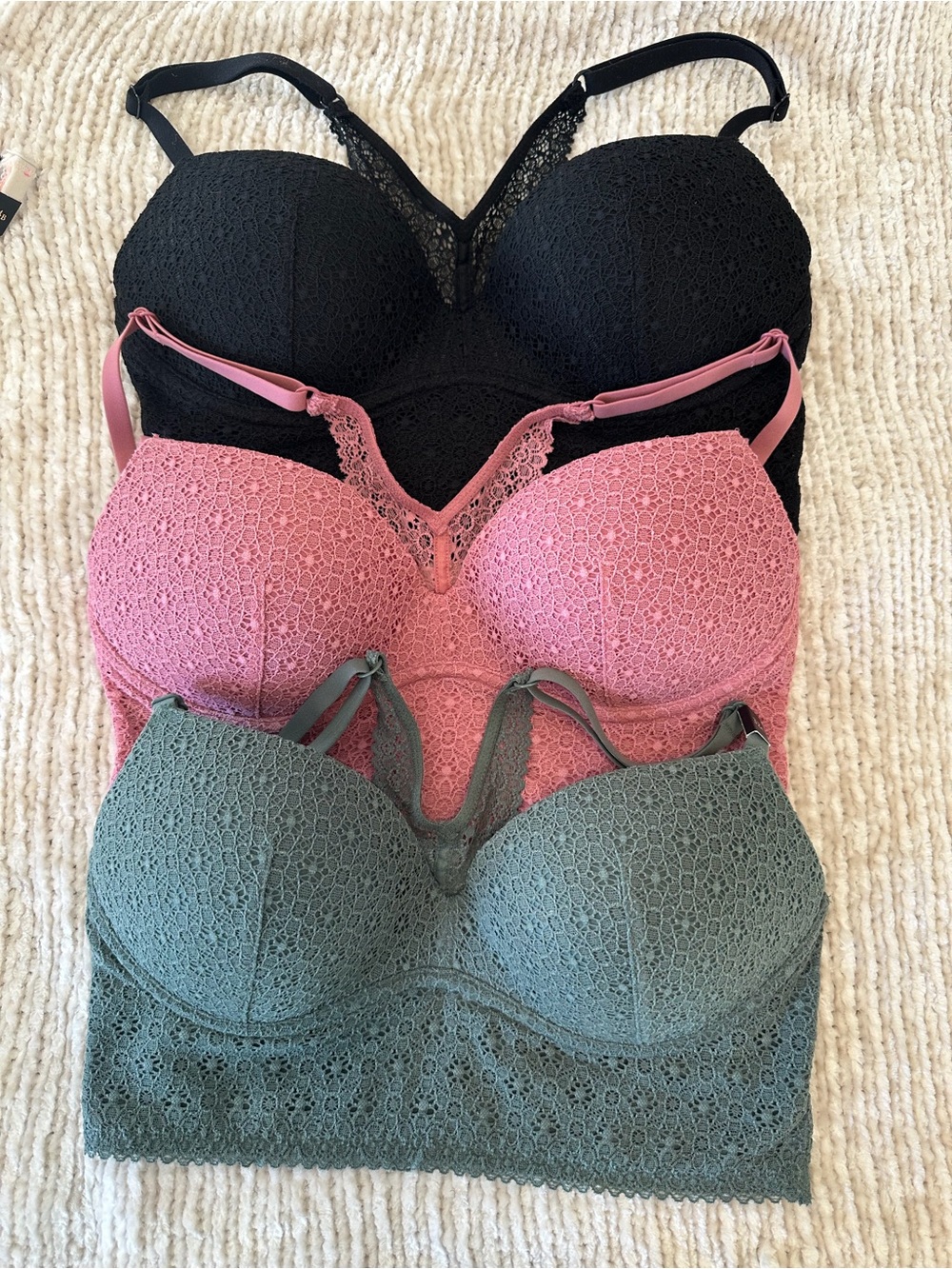 Victoria Secret Lace Detail Padded Bralette - Black, Pink, Sage- three set